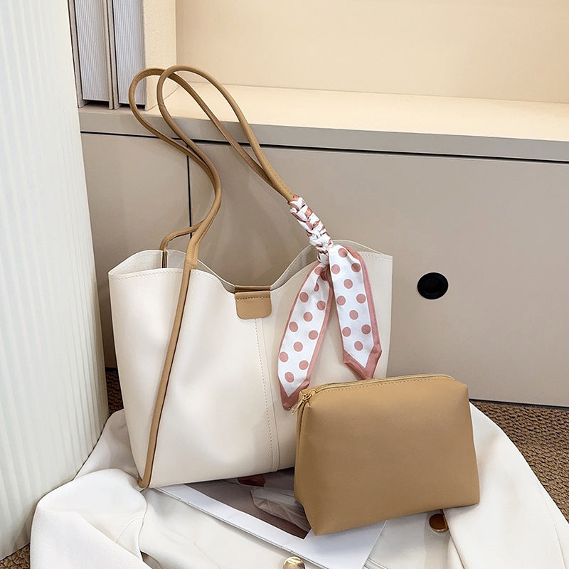 Scarf Detail PU Leather Magnetic Snap Tote Bag