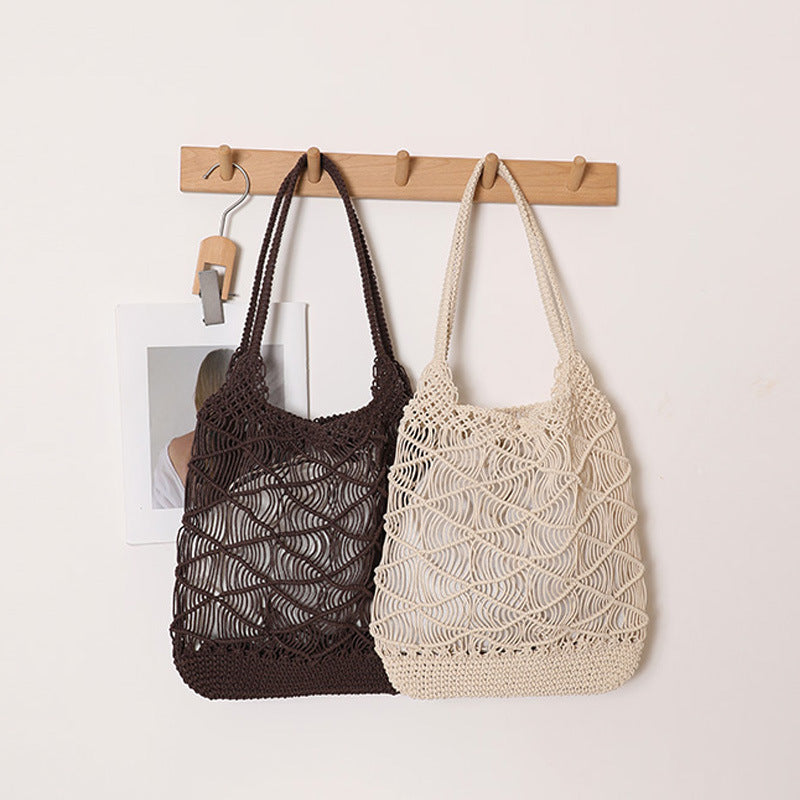 Large Capacity Rhombus Wax Rope Hollow Straw Beach Bag