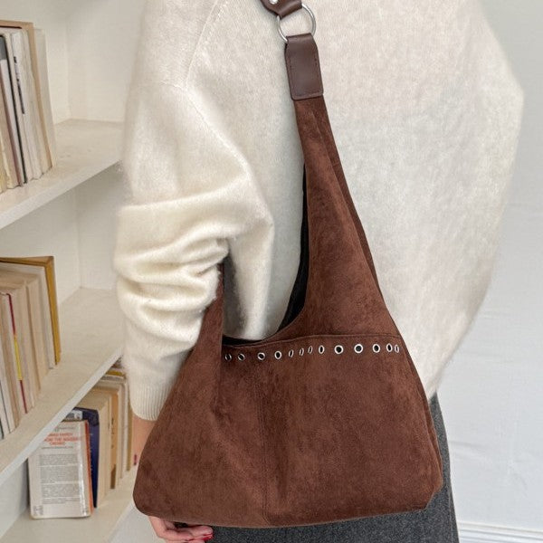 Soft Suede Hobo Bag with Bold Eyelet Accents