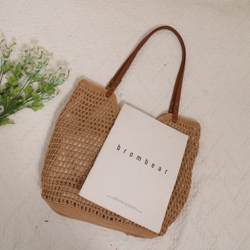 Women Casual Hollow Shoulder Cotton Woven New Lazy Handheld Beach Bag