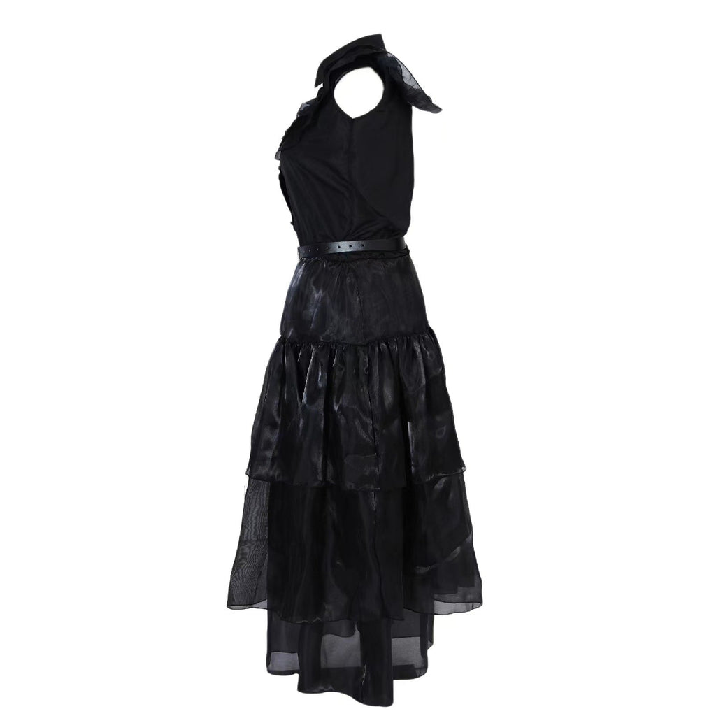 Women’s and Girls’Halloween Gothic Black Layered Tulle Maxi Skirt with Belt