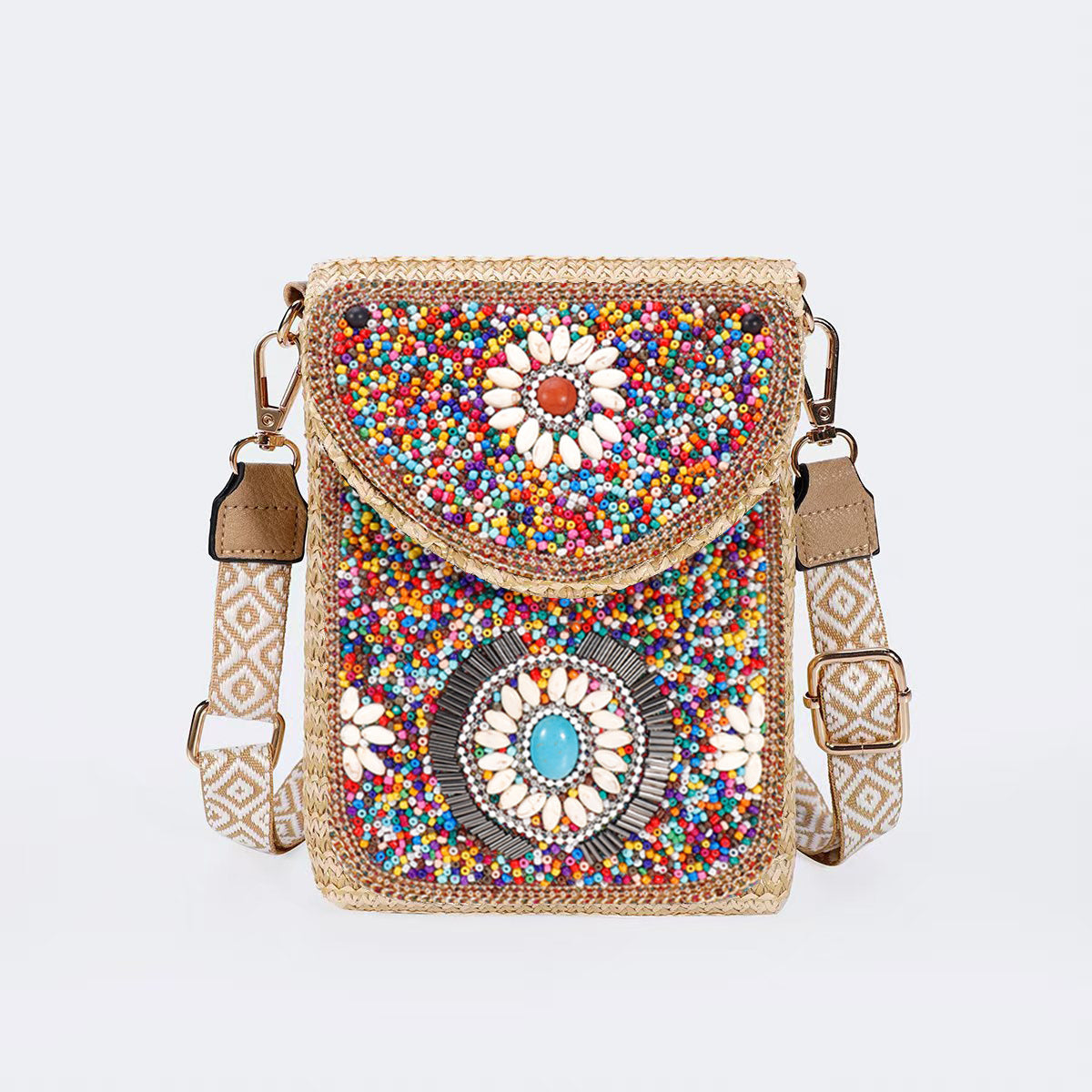 Women Luxury Straw Crossbody Bag, Fashion Beaded Woven Phone Shoulder Bag