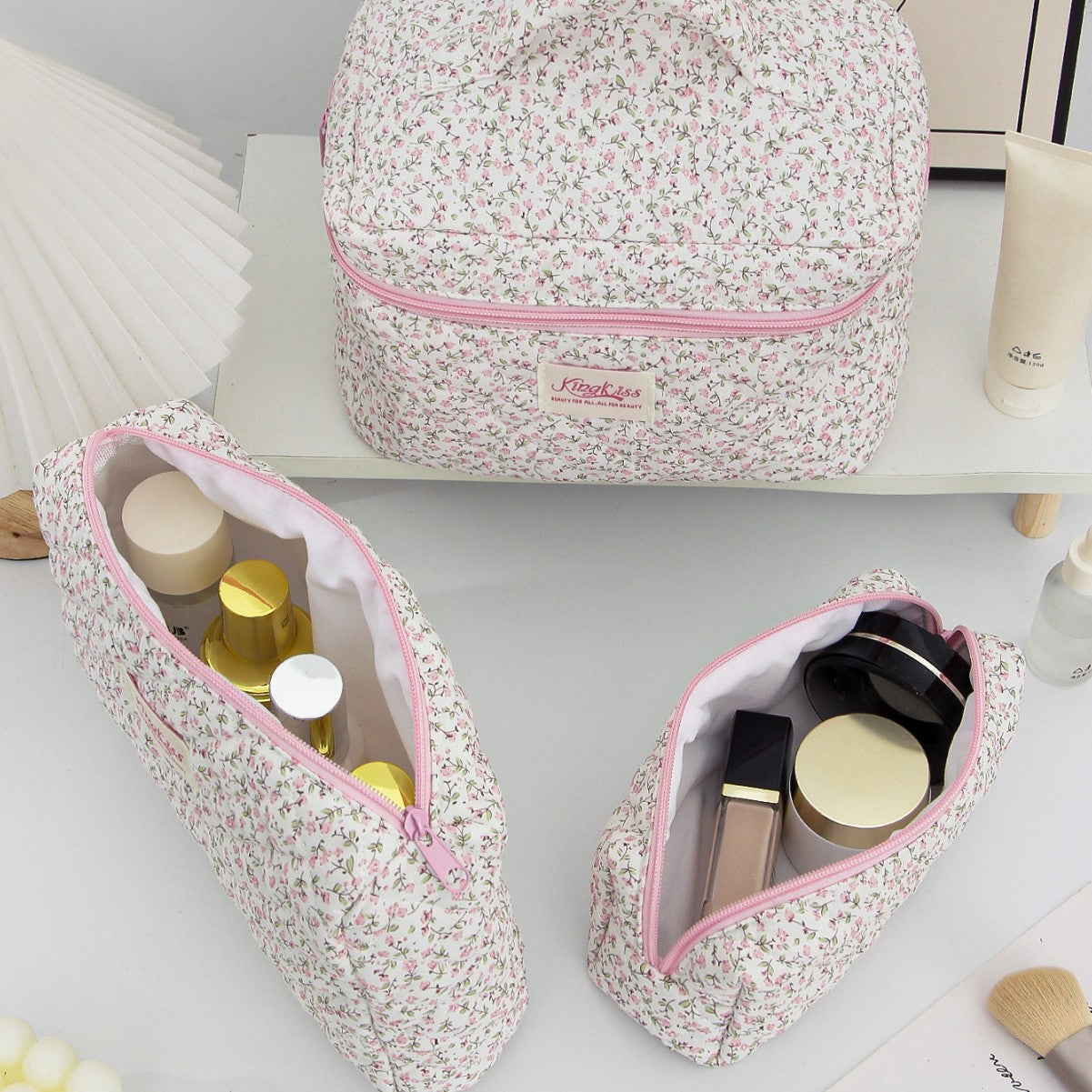 Quilted Small Floral Portable Toiletry Bag