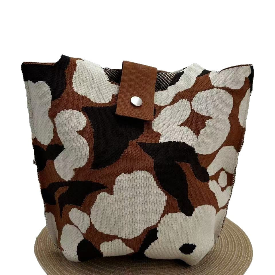Retro Floral Knitted Snap Closure Tote Bag