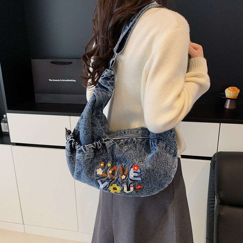 Denim Letter Shoulder Crossbody Large Capacity Tote Bag