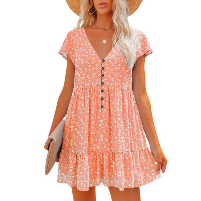 V-Neck Button Floral Short-Sleeve Loose Casual Dress