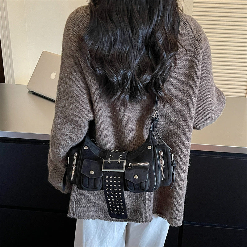 Vintage Studded Buckle Shoulder Bag with Pockets