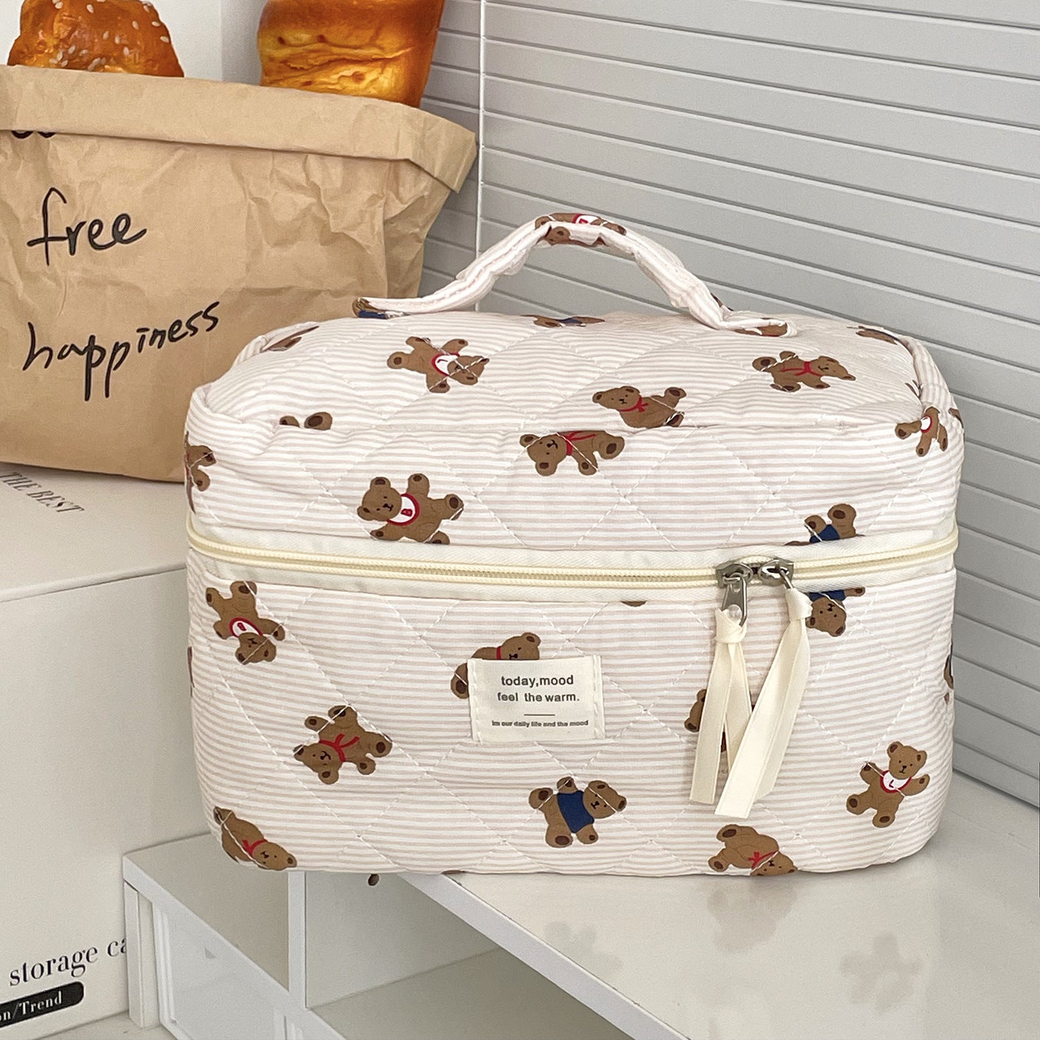 Striped Bear Large Capacity Quilted Cosmetic Bag