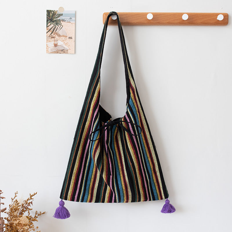 Original Ethnic Textured Striped Canvas Shoulder School Bag