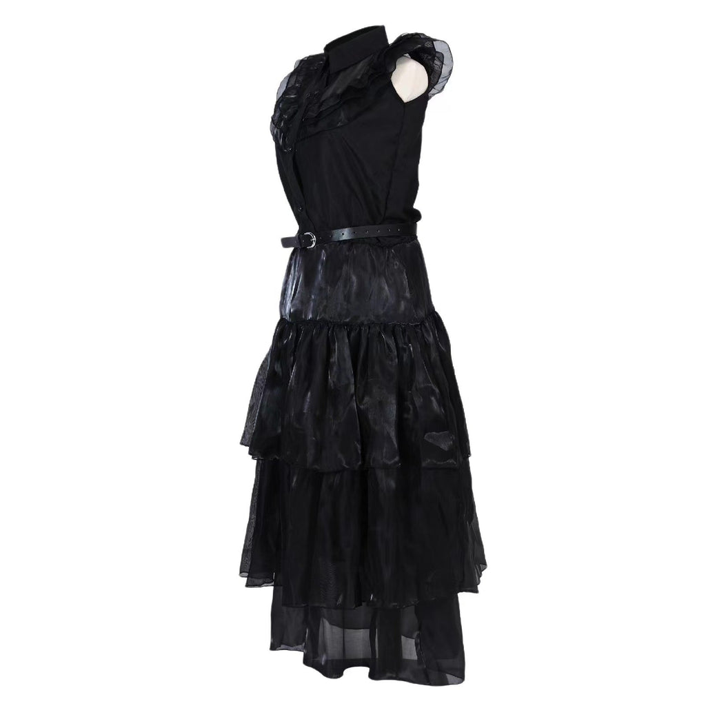 Women’s and Girls’Halloween Gothic Black Layered Tulle Maxi Skirt with Belt