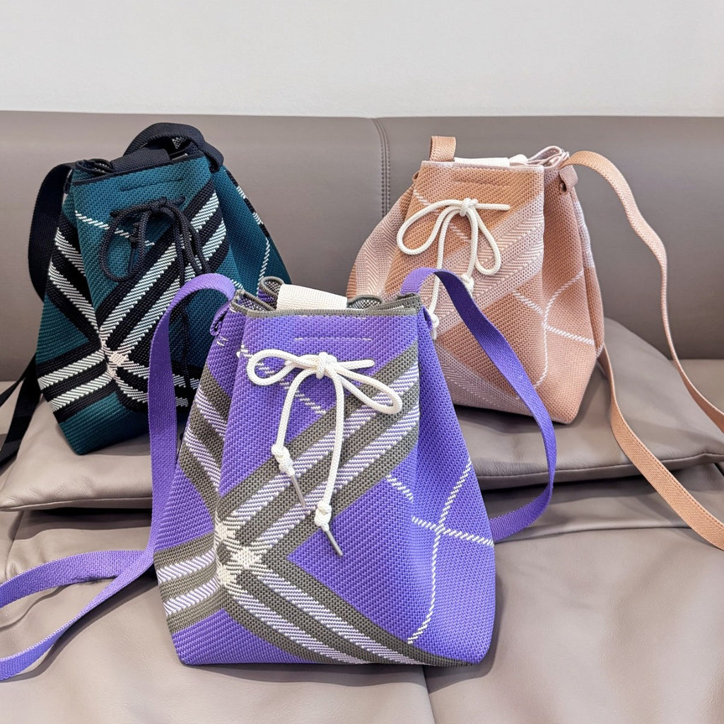 Geometric Knit Bucket Bag with Drawstring