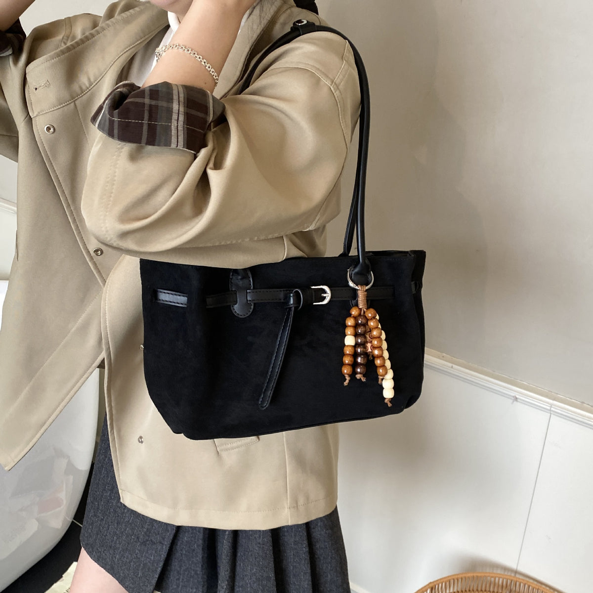 Soft Textured Belted Shoulder Bag with Beaded Charm