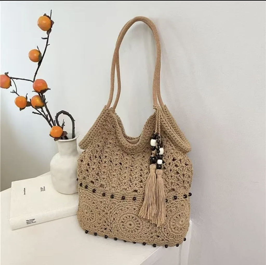 White Woven Hollow Tassel Detail Large Capacity Shoulder Tote Bag