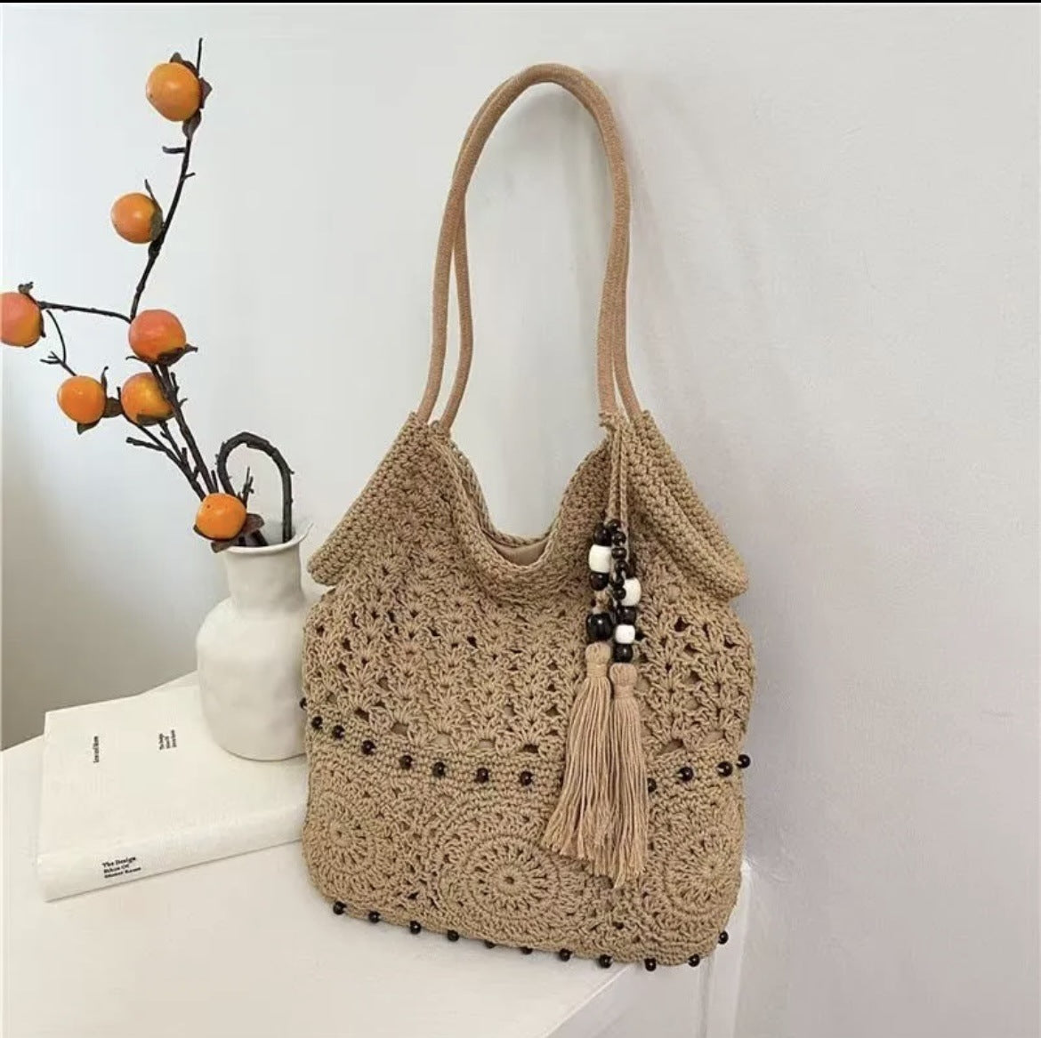 White Woven Hollow Tassel Detail Large Capacity Shoulder Tote Bag
