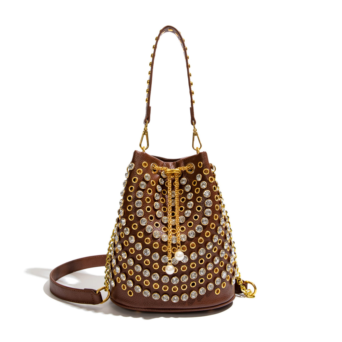 Rhinestone Studded Drawstring Bucket Shoulder Bag