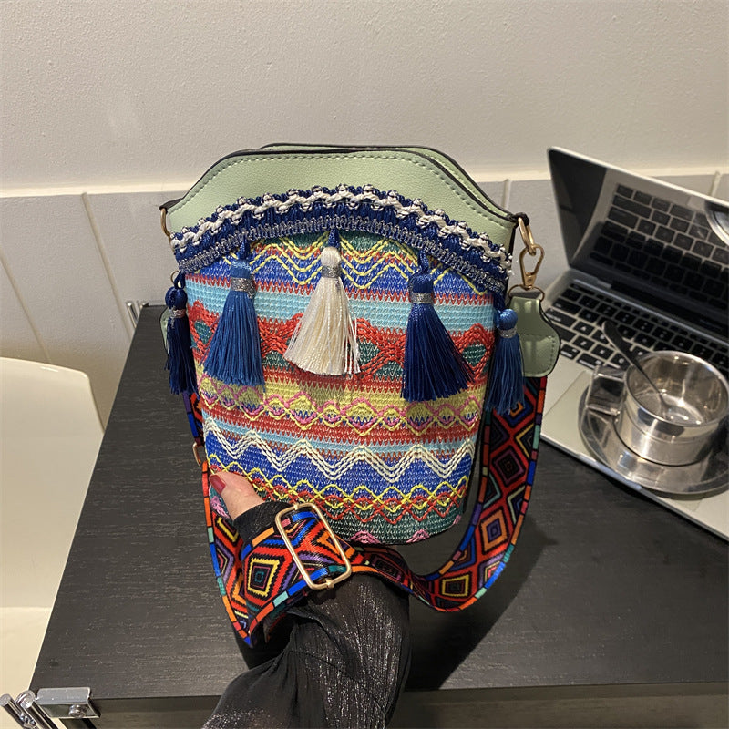 High-End Ethnic Woven Bucket Shoulder Bag