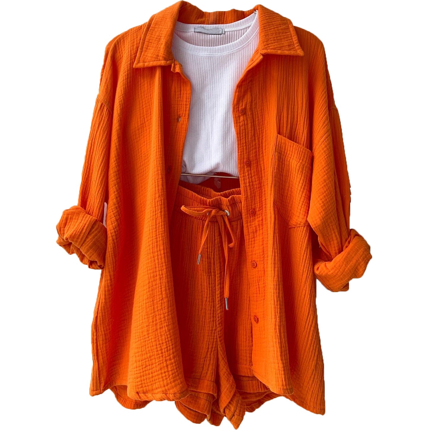 European And American Clothing Two-Piece Set Wrinkled Lapel Long-Sleeved Shirt High-Waisted Drawstring Shorts Large Size Fashion Casual Suit