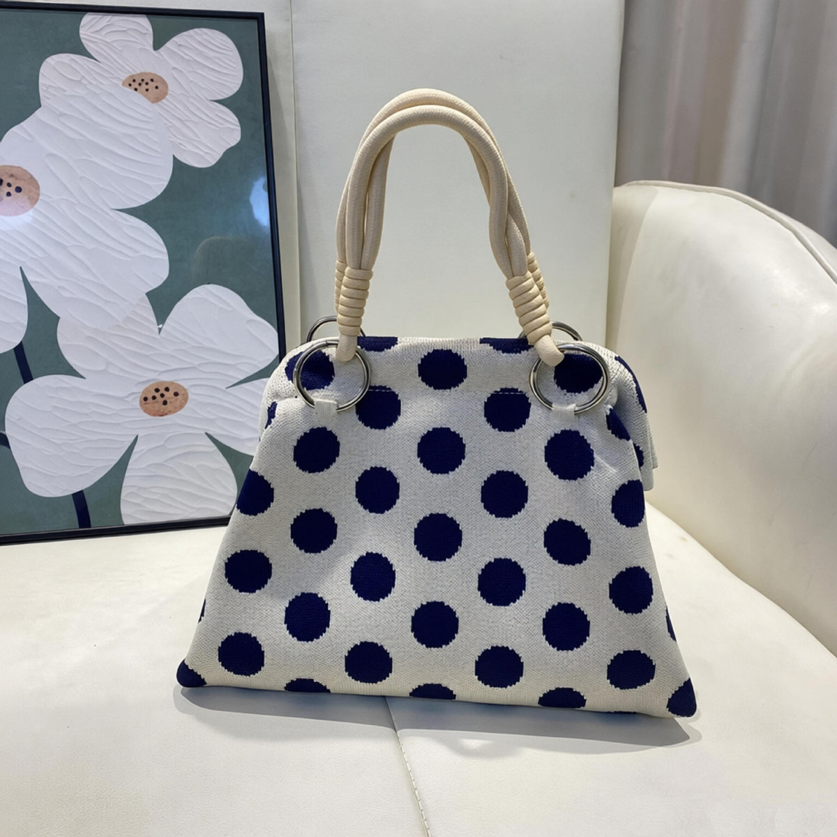 Geometric Woven Rope Handle Dumpling Top Handle Bag