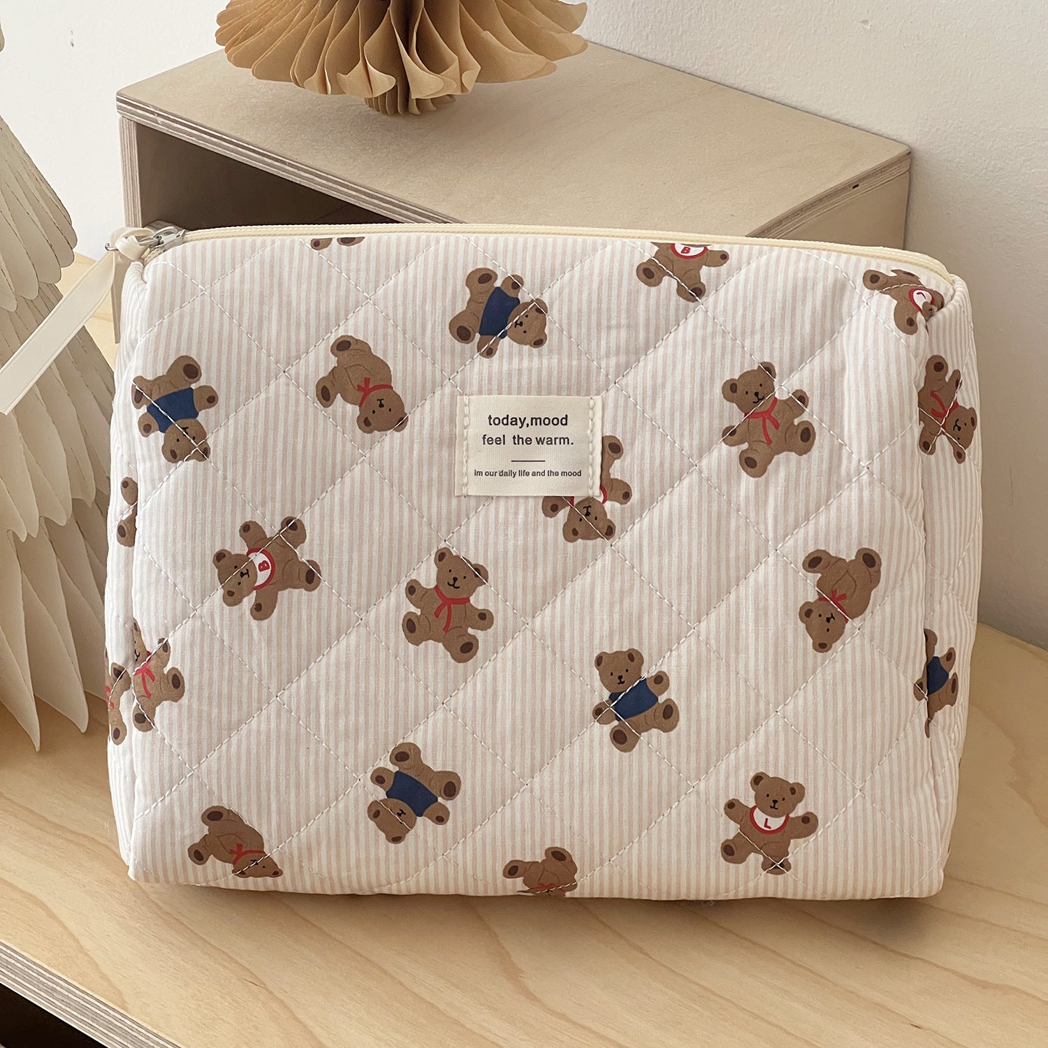 Striped Bear Large Capacity Quilted Cosmetic Bag