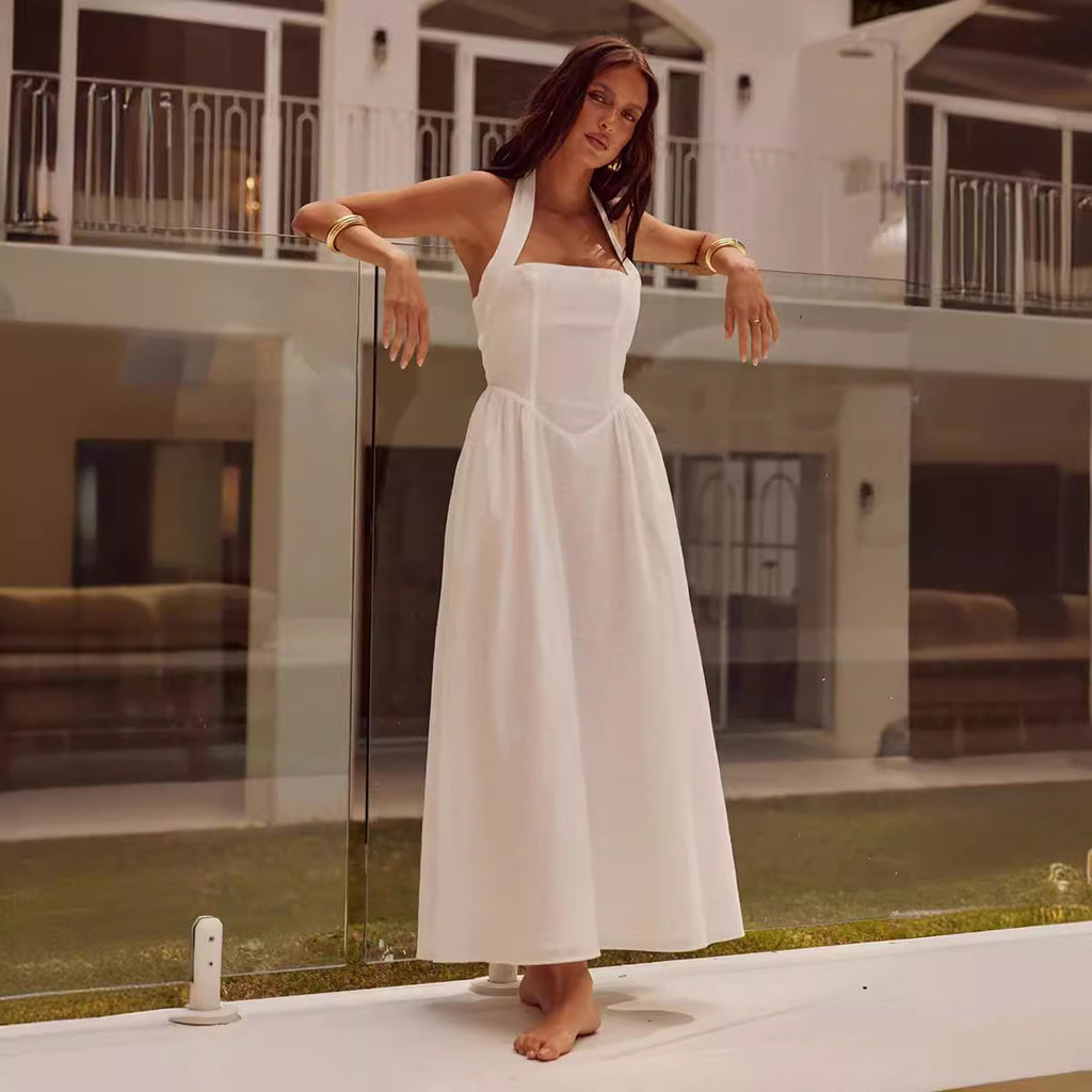 Wide Suspender Halter Neck Backless Dress