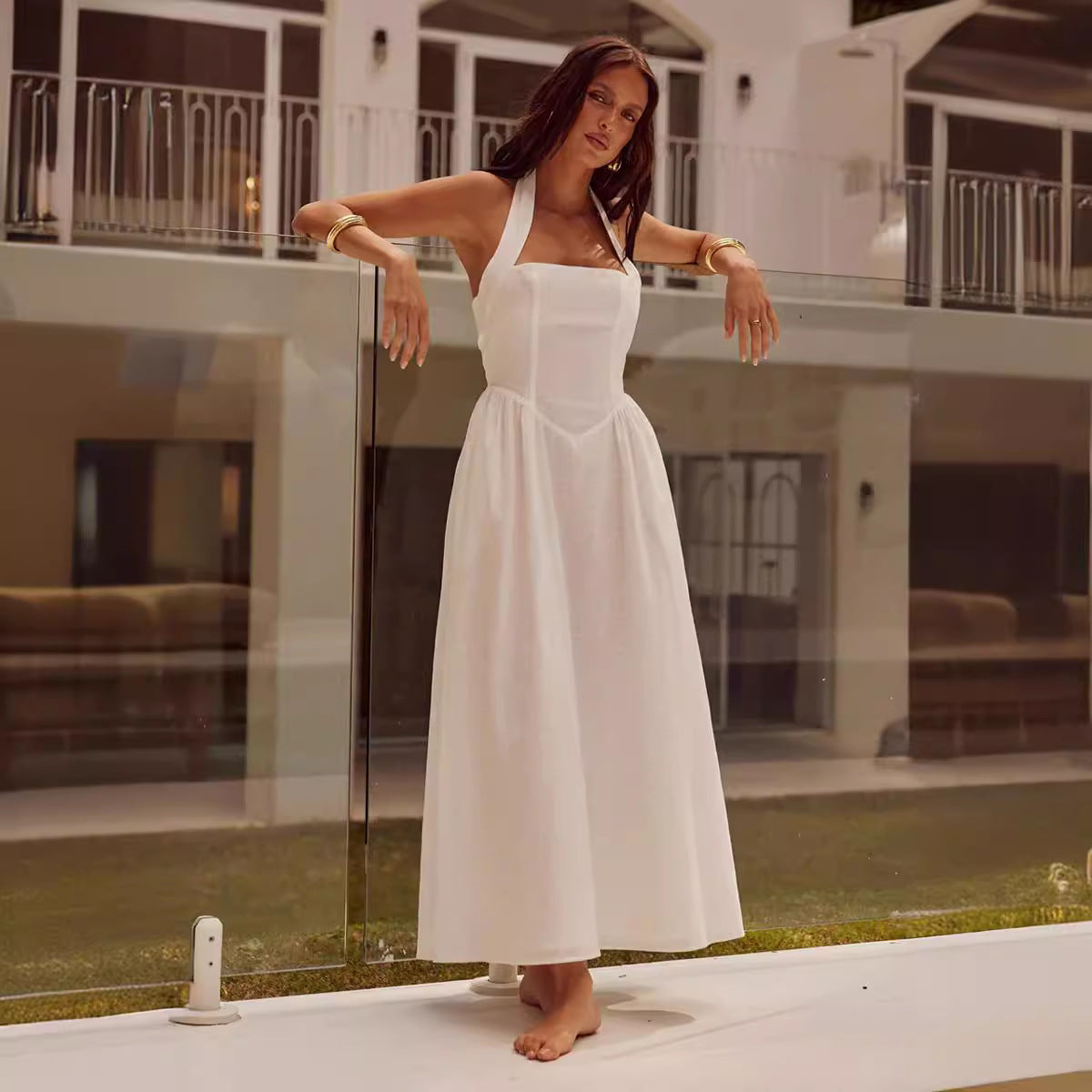 Wide Suspender Halter Neck Backless Dress