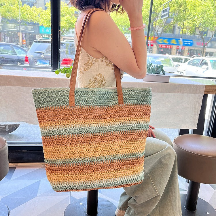 Striped Contrasting Color Handmade Straw Tote Bag