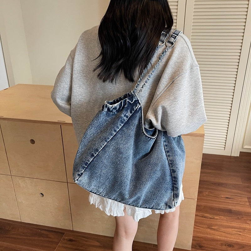 Cross-Border Denim Bag For Women 2025 New Fashion Chain Shoulder Crossbody Bag Large Capacity Commuter Tote Bag