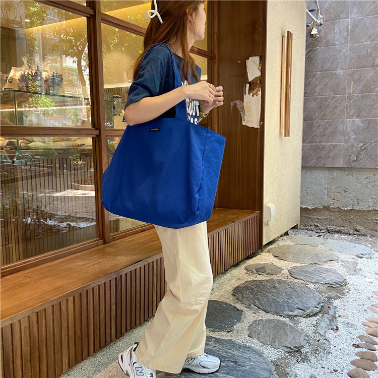 08253 Japanese And Korean Simple And Fresh Plaid Double-Sided Shoulder Bag Student Female Casual Large Capacity Dual-Use Cloth Bag