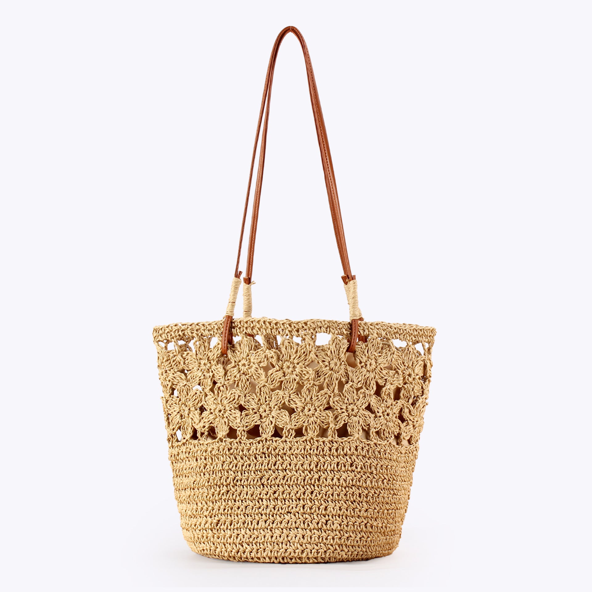 Crochet Paper Openwork Floral Shoulder Straw Tote Bag