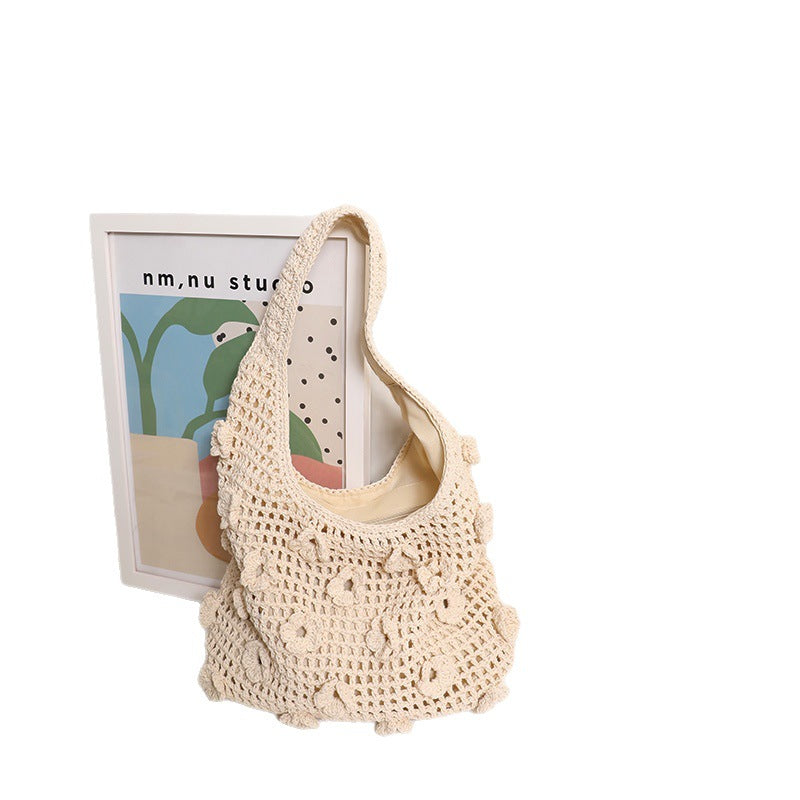 Fashionable Flower Shoulder Cotton Woven Bag New Casual Large Capacity Hollow Straw Bag Seaside Vacation Beach Bag