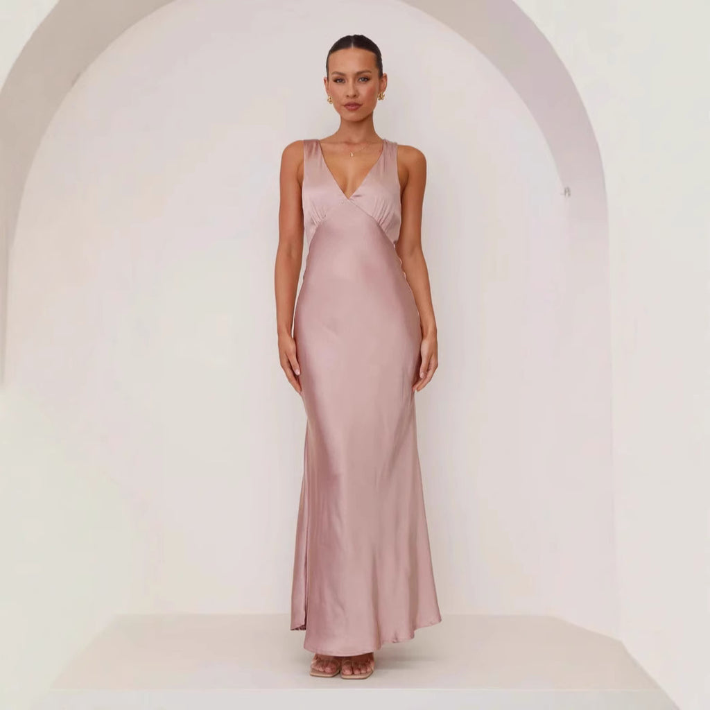 Solid Color V-Neck Slim Sexy Evening Dress