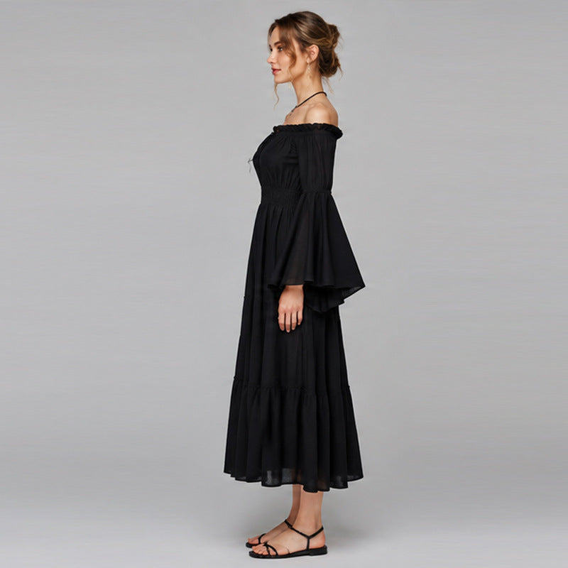 Halloween Black Off-Shoulder Tiered Midi Dress with Bell Sleeves