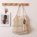 Wooden Beads Tassel Cotton Woven Hollow Straw Beach Bag