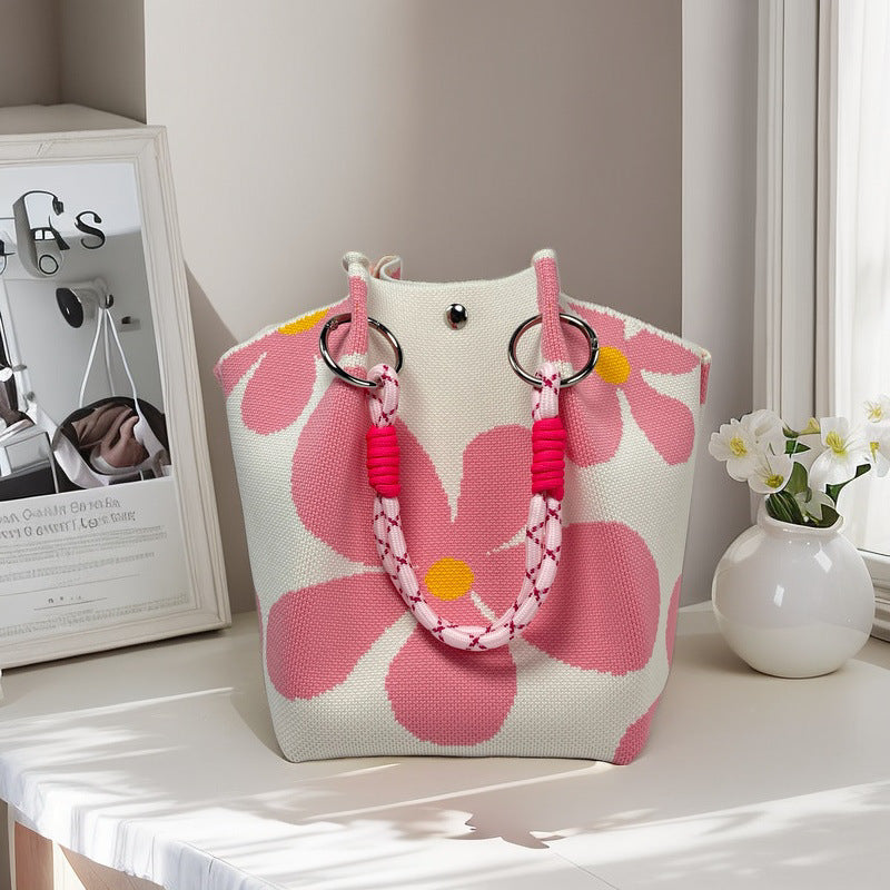 Graphic Jacquard Ring Handle Bucket Tote Bag