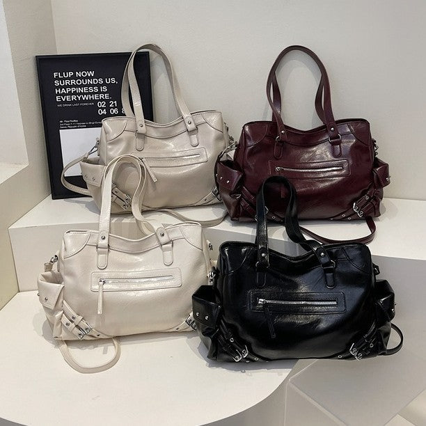 Retro Glossy Faux Leather Tote Bag with Multiple Pockets