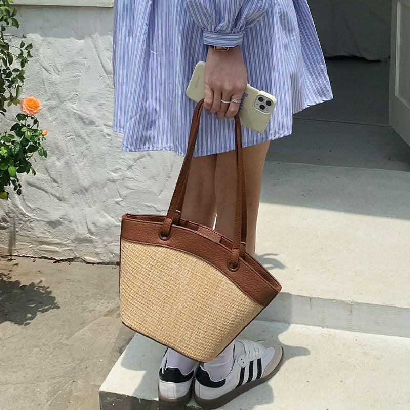 French Retro Straw Vegetable Basket Shoulder Woven Beach Bag