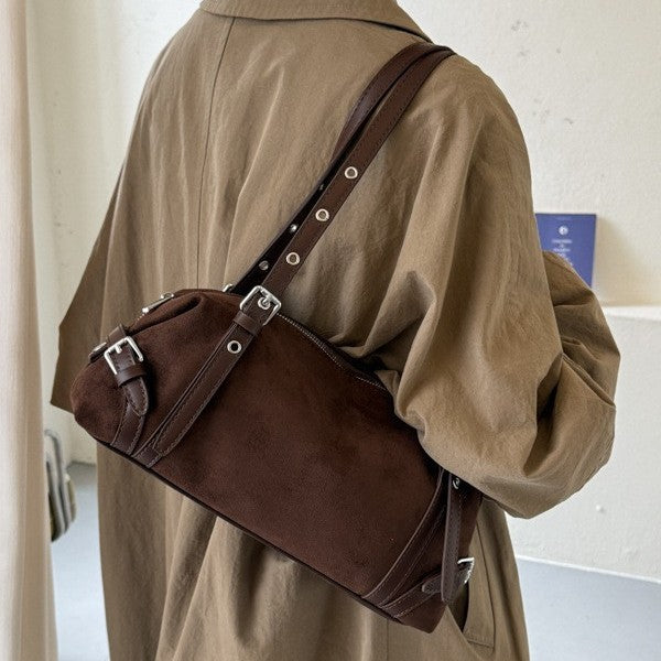 Vintage Studded Suede-Look Boston Shoulder Bag with Studded Straps