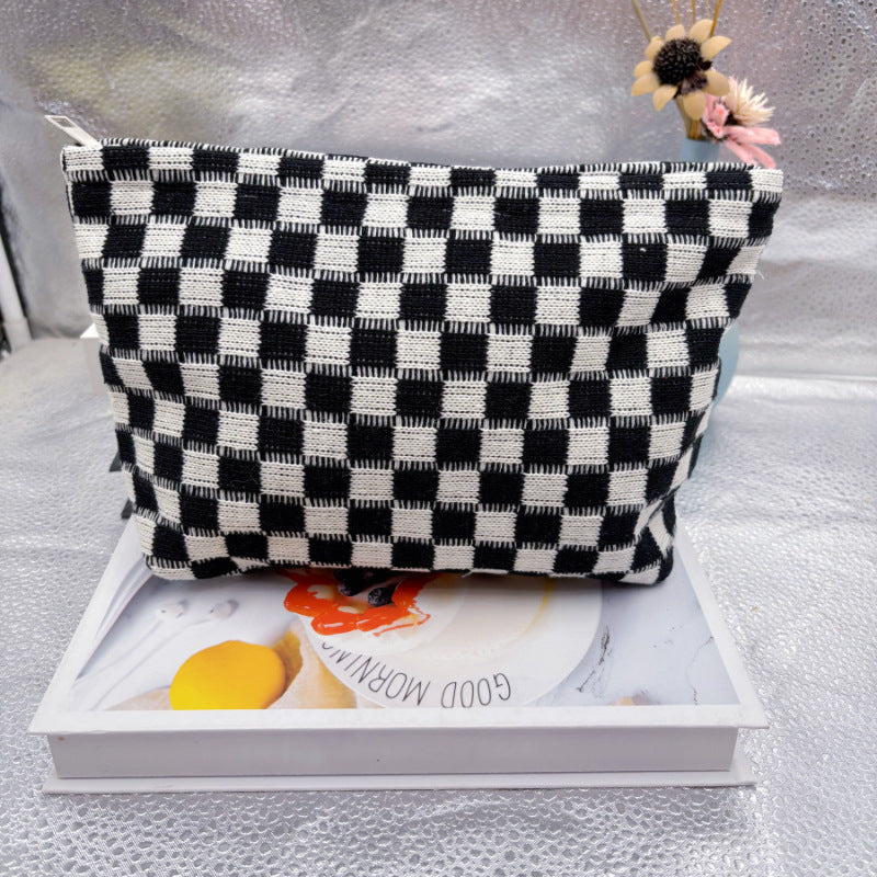 Knitted Checkerboard Cosmetic Bag Large Capacity Plaid Toiletry Bag