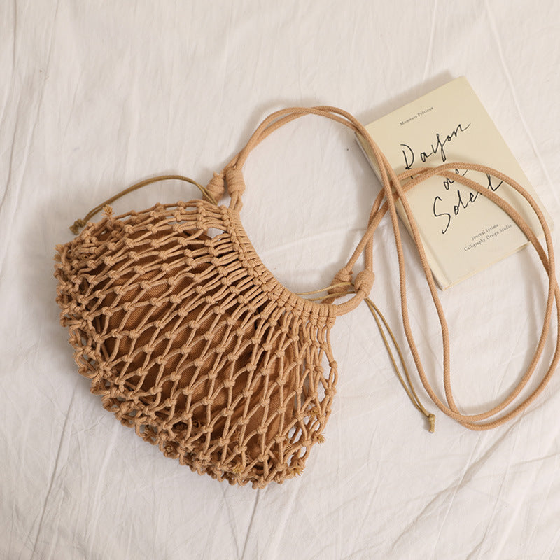 Solid Color Cotton Crossbody Hollow Mesh Straw Beach Bag