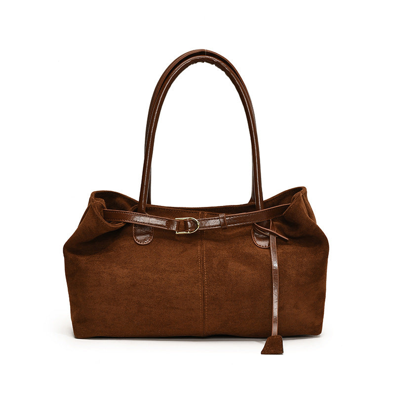 Vintage Suede-Look East-West Shoulder Bag with Belt Detail