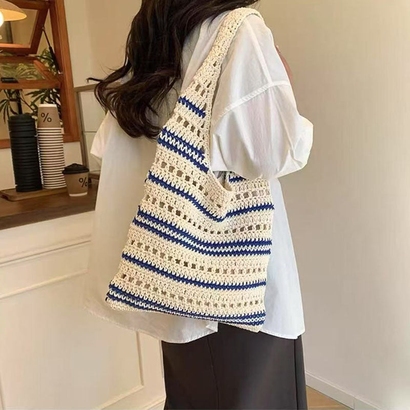 Striped Shoulder Cotton Woven New Large Hollow Straw Beach Bag