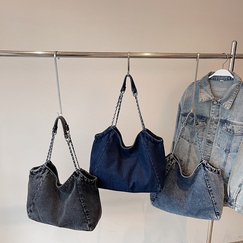 Cross-Border Denim Bag For Women 2025 New Fashion Chain Shoulder Crossbody Bag Large Capacity Commuter Tote Bag
