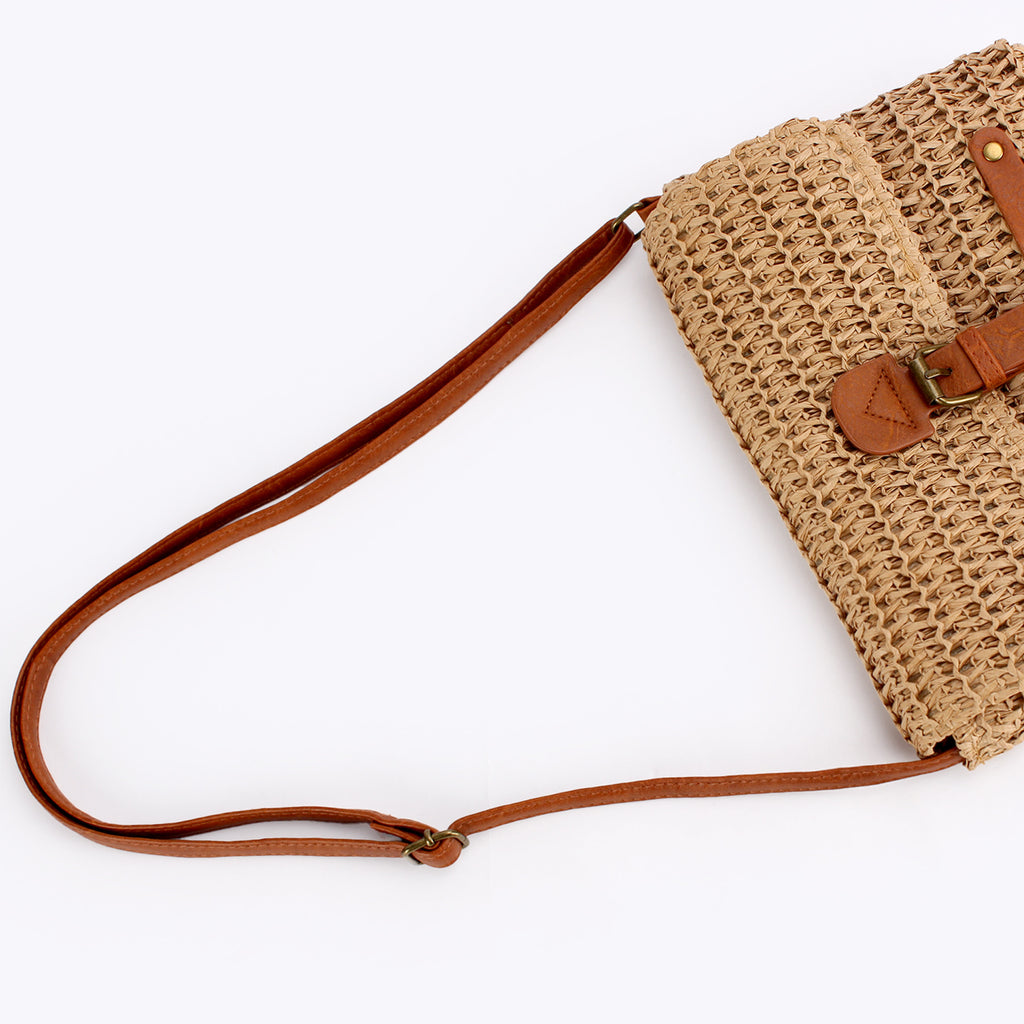 Boho Woven Paper Straw Adjustable Flap Shoulde Crossbody Bag