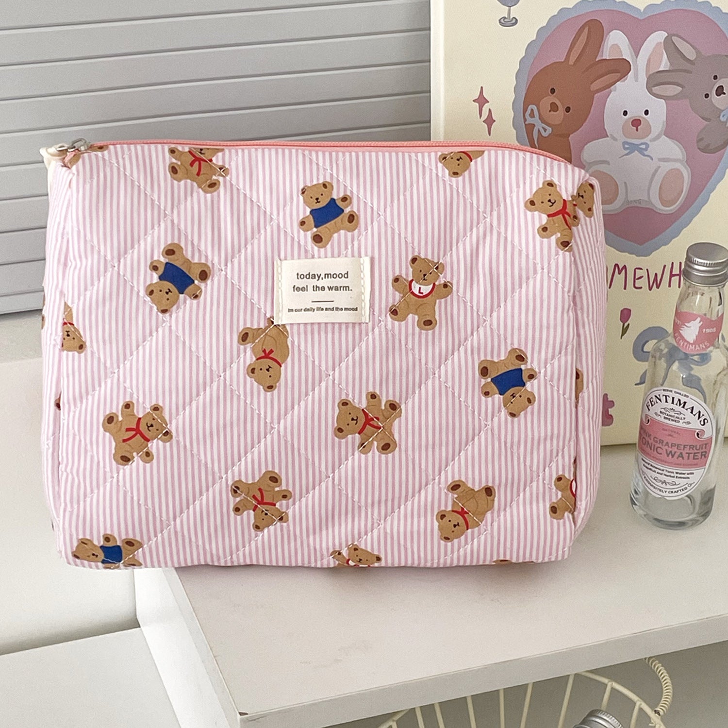 Striped Bear Large Capacity Quilted Cosmetic Bag