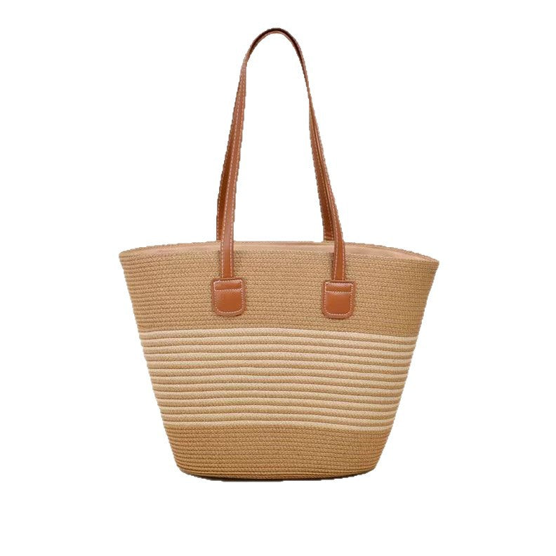 Women Straw Beach Black Stripe 2026 New Casual Summer Shoulder Tote Bag