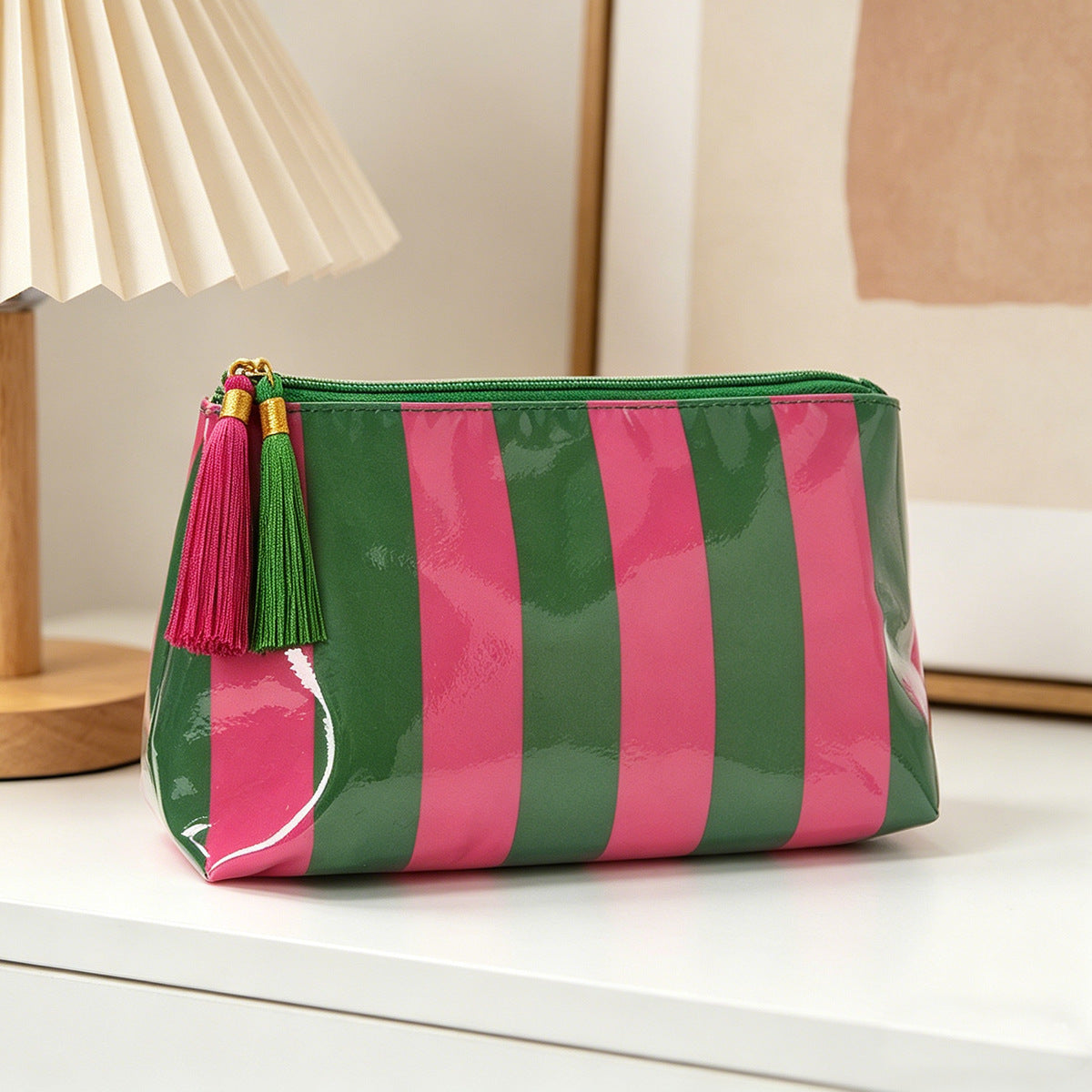 PVC Striped Tassel Zipper Waterproof Travel Cosmetic Bag