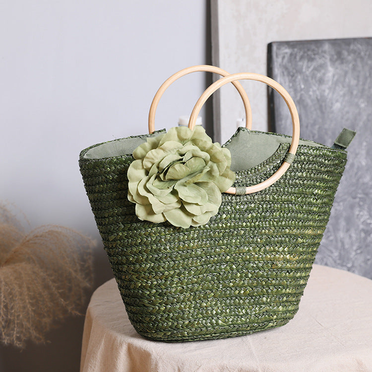 Women 2026 New Wheat Straw Woven Wooden Handle Pastoral Ins Style Handbag