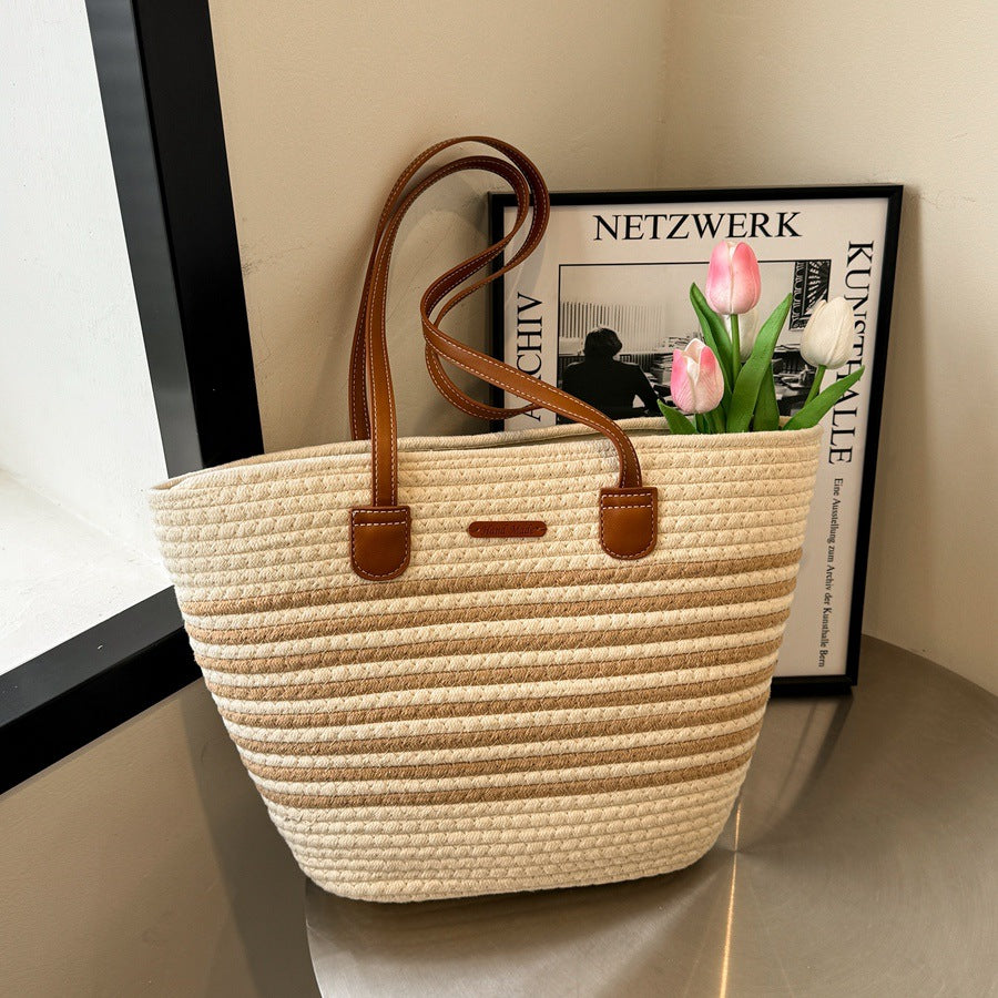 Women Fashion Straw Large Hollow Tote Beach Cotton Handheld Bag
