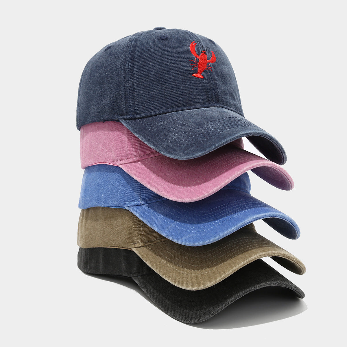 Retro Lobster Embroidered Washed Baseball Cap