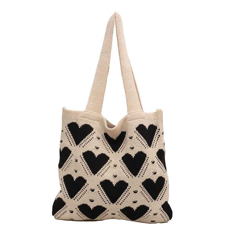 Heart Pattern Crochet Knit Shoulder Tote Bag